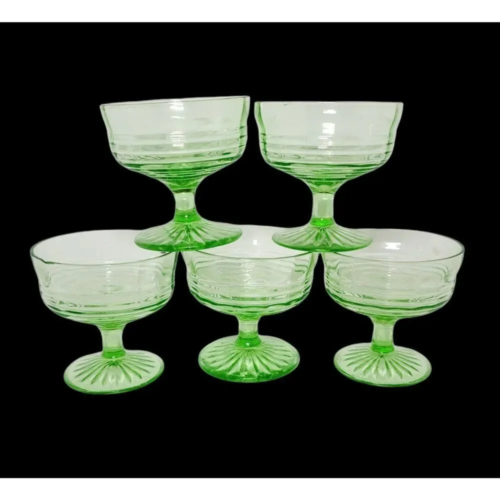 Vintage Green Vaseline Uranium Glass Sherbet Dessert Fruit Custard Cups Set of 5